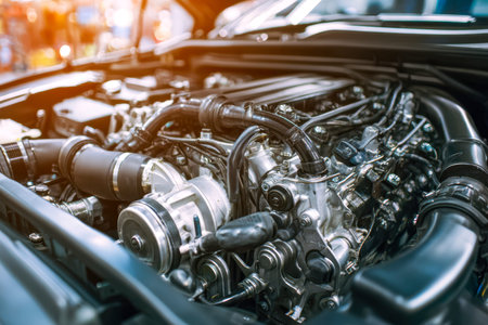 A detailed view of a precision-engineered automotive powerhouse, highlighting complex metal parts,...
