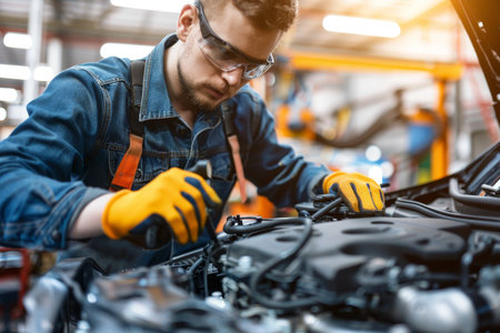 Auto mechanic providing professional car service and maintenance concept in busy repair shopのeditorial素材