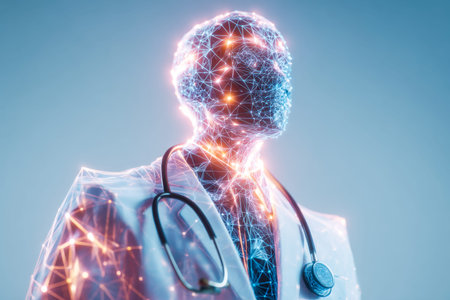 A modern medical expert illuminated by vibrant digital interfaces, with an intricate glowing network...