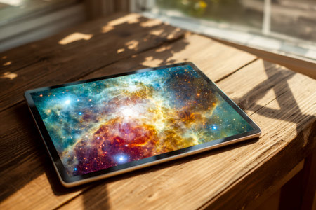 A sleek tablet showcases a brilliant cosmic display, resting on a rustic wooden surface with soft...