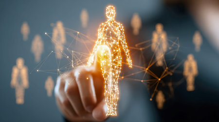 A professional interacts with a virtual interface, highlighting a human figure to symbolize...