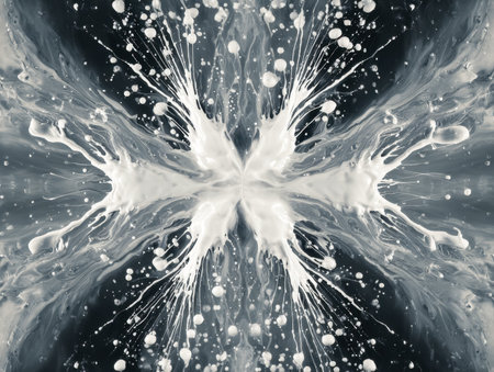 Dynamic symmetrical burst of monochrome paint resembling a fiery explosion, ideal for modern...