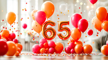 Bright festive scene featuring vibrant orange and red balloons with a shimmering gold '65'...