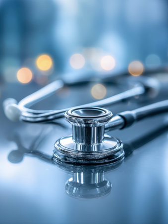 A sleek stethoscope rests on a mirror-like surface, reflecting soft city glow and vibrant lights in...
