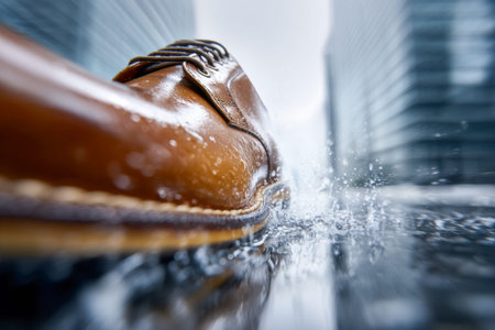 A refined leather footwear navigates a rainy.city street, creating a lively splash amid shimmering...