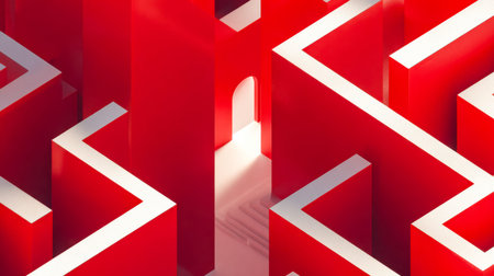 A striking interplay of crimson and cream shapes forms a labyrinthine network, with a radiant...