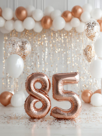 A sophisticated birthday gathering featuring shimmering rose gold balloons, stylish decor, and a...