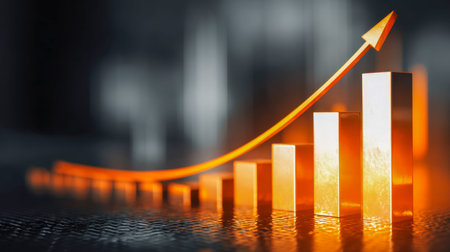A sleek, contemporary 3d chart showcases rising data bars paired with an ascending arrow,...