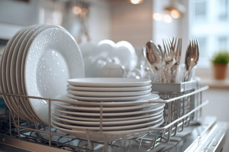 A pristine kitchen scene showcasing a tidy dishwasher filled with neatly arranged ceramic plates, shimmering glassware, and polished cutlery, prepared for the day's family feast.の写真素材