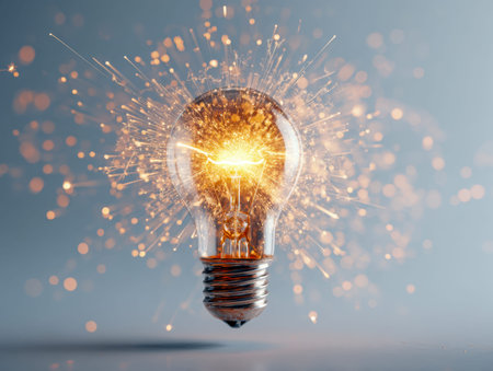 A classic glass filament light bulb radiates vibrant sparks, symbolizing inspiration and inventive...