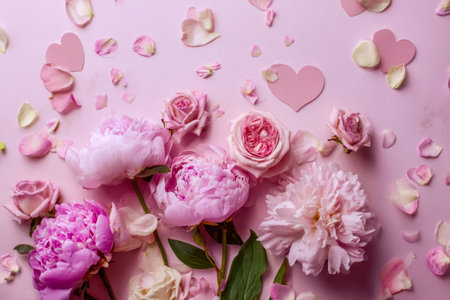 A soft, sophisticated display of blush-hued blooms and scattered rose petals complemented by delicate paper hearts, perfect for celebrating love and affection.の写真素材
