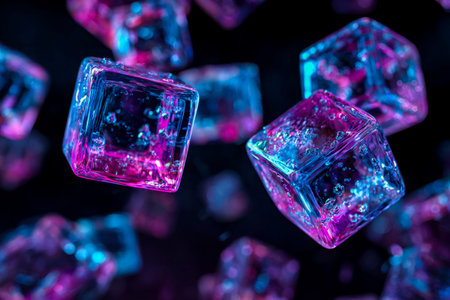 Brightly lit, multicolored ice cubes drift through shadows, creating a mesmerizing glow that blends...