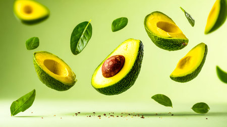 Vibrant green avocados with seeds and leaves captured in dynamic flight against a soft pastel...