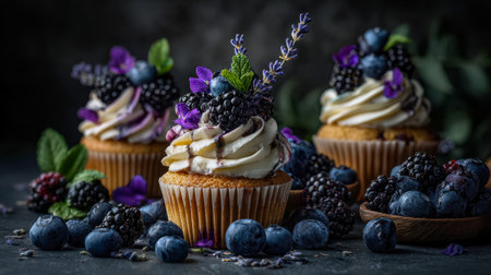 An elegant assortment of mini cupcakes featuring vibrant berry flavors, crowned with fluffy cream and colorful edible blooms, perfect for upscale celebrations.の写真素材