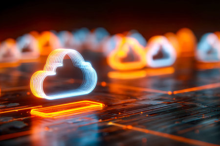 Dynamic neon-lit symbols resembling fluffy clouds glow against a sleek, high-tech digital backdrop,...