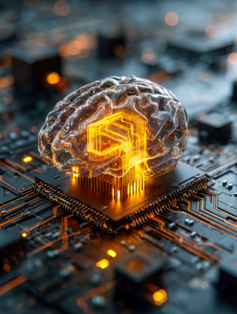 A neon-lit artificial intelligence core embedded within a sleek, high-tech circuit framework,...