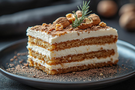 An elegant multi-layered cake showcasing crunchy walnuts and silky cream, artfully garnished with...