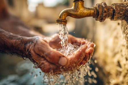 A person rinses their hands beneath a weathered outdoor tap, with clear water cascading over rough,...