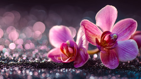 Delicate pink blossoms rest on a shimmering reflective base, their petals radiant against a softly...