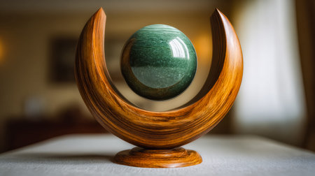 A sculptural masterpiece blending smooth, curved wood with a vibrant green gemstone, creating a...