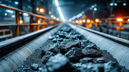 Dim, metallic rails stretch into darkness, flanked by rugged stones under moonlight, evoking a...