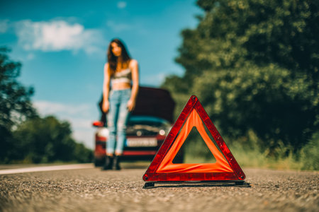 A woman helplessly stands beside her broken-down car amid lush greenery and rolling hills, placing a...