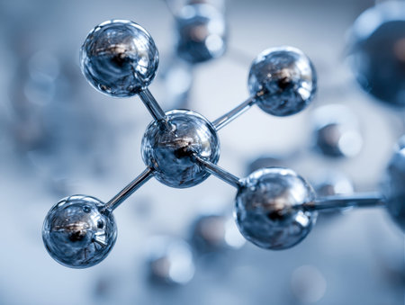 A gleaming metallic network of interconnected spheres symbolizes atomic bonds, set against a soft,...