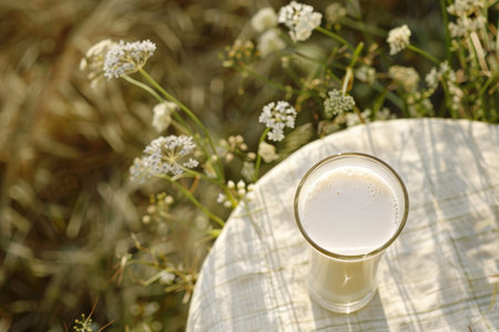 Fresh glass of milk on wooden table in lush green field, top view shot with space