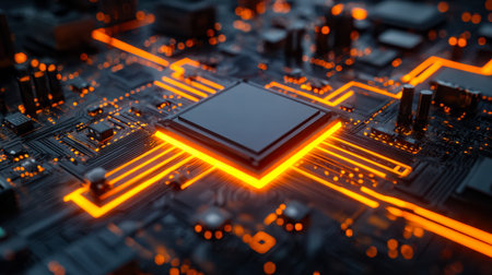 A sleek, luminous microchip embedded in a high-tech circuit maze, illuminated by vibrant neon hues...