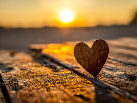 Warm glow of a setting sun bathes a handcrafted wooden heart resting on aged wooden planks, creating a romantic and nostalgic atmosphere.の写真素材