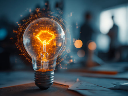 A sleek, modern light bulb emits vibrant neon hues, symbolizing technological progress and...