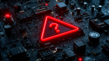 A sleek, high-tech printed circuit board features a glowing red question mark within a triangular...