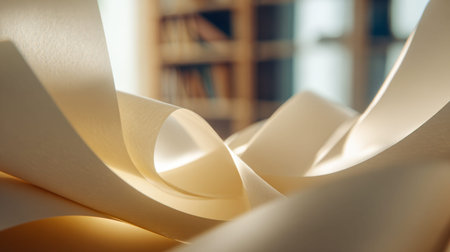 Gentle curves and layered paper textures catch soft daylight, blending into a muted bookshelf...