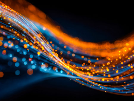 Dynamic streaks of luminous blue and orange weave through a dreamlike background filled with...