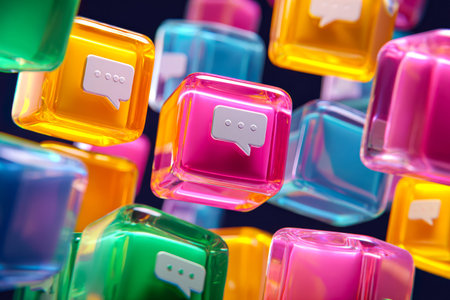 Vibrant digital symbols encased in sleek, transparent cubes evoke a high-tech vibe, perfect for...