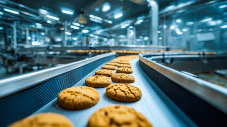 Freshly baked treats glide through a sleek assembly system, showcasing automation and craftsmanship...