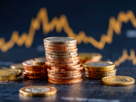 A neat arrangement of ascending coins set against a dynamic financial chart, symbolizing rising...