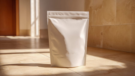 A sleek, white matte pouch with a resealable top stands upright on a bright tiled surface,...