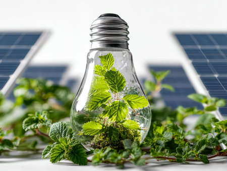 A creative eco-conscious scene featuring a repurposed light bulb transformed into a vibrant plant...