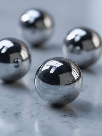 Glossy metallic orbs positioned on a polished marble base, emanating a high-tech vibe with subtle...