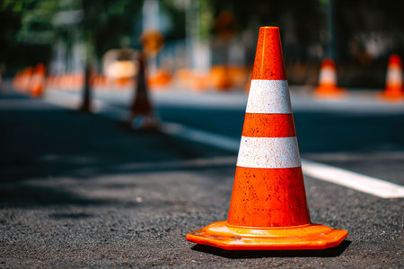 A vibrant orange traffic cone directs vehicles along a bustling urban thoroughfare, signaling...