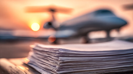 A towering pile of documents fills the foreground, while a sleek aircraft softly blurs against a...