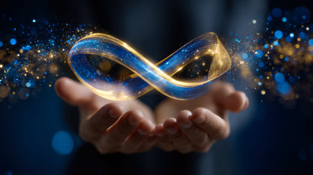 A glowing infinity loop hovers above an open palm, surrounded by shimmering sparks and a dreamy...