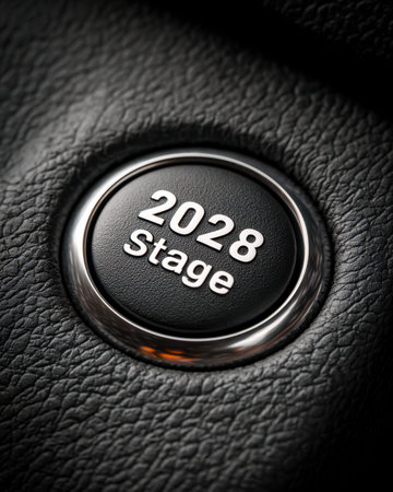 A close-up of a sleek vehicle interior features a prominent button marked 2028 stage on a textured...
