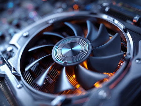 A sleek, cutting-edge graphics card featuring vibrant illuminated cooling blades, embedded within a...