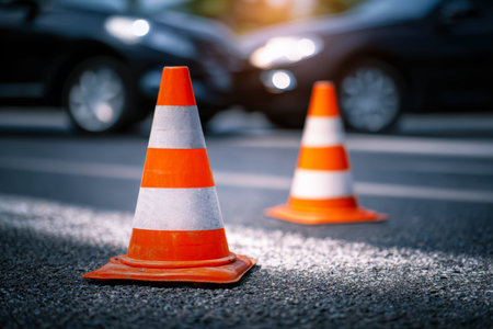 Bright orange safety cones mark a section of the bustling urban sidewalk, signaling caution amid...