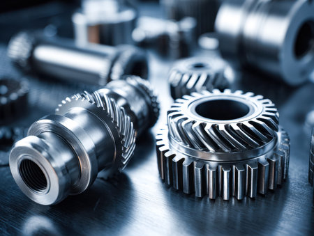 Intricate metallic cogs and precision components arranged meticulously, conveying advanced...