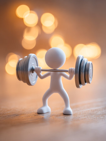 A tiny struggle silhouettes to lift a massive weight amidst a glowing ambiance, illuminated by soft, out-of-focus lights creating a cozy atmosphere.の写真素材