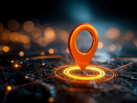 A sleek, luminous digital pinpoint hovers above an intricate, glowing web of connections, set...