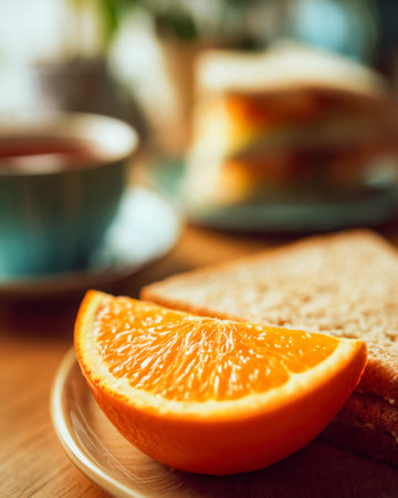 Juicy orange slice alongside crisp toasted bread and steaming coffee cups creates a cozy breakfast...